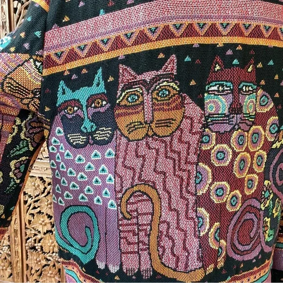 Original Vintage Laurel Burch Silverado Boho Cat Tapestry Blanket Knit Jacket - Picture 7 of 12